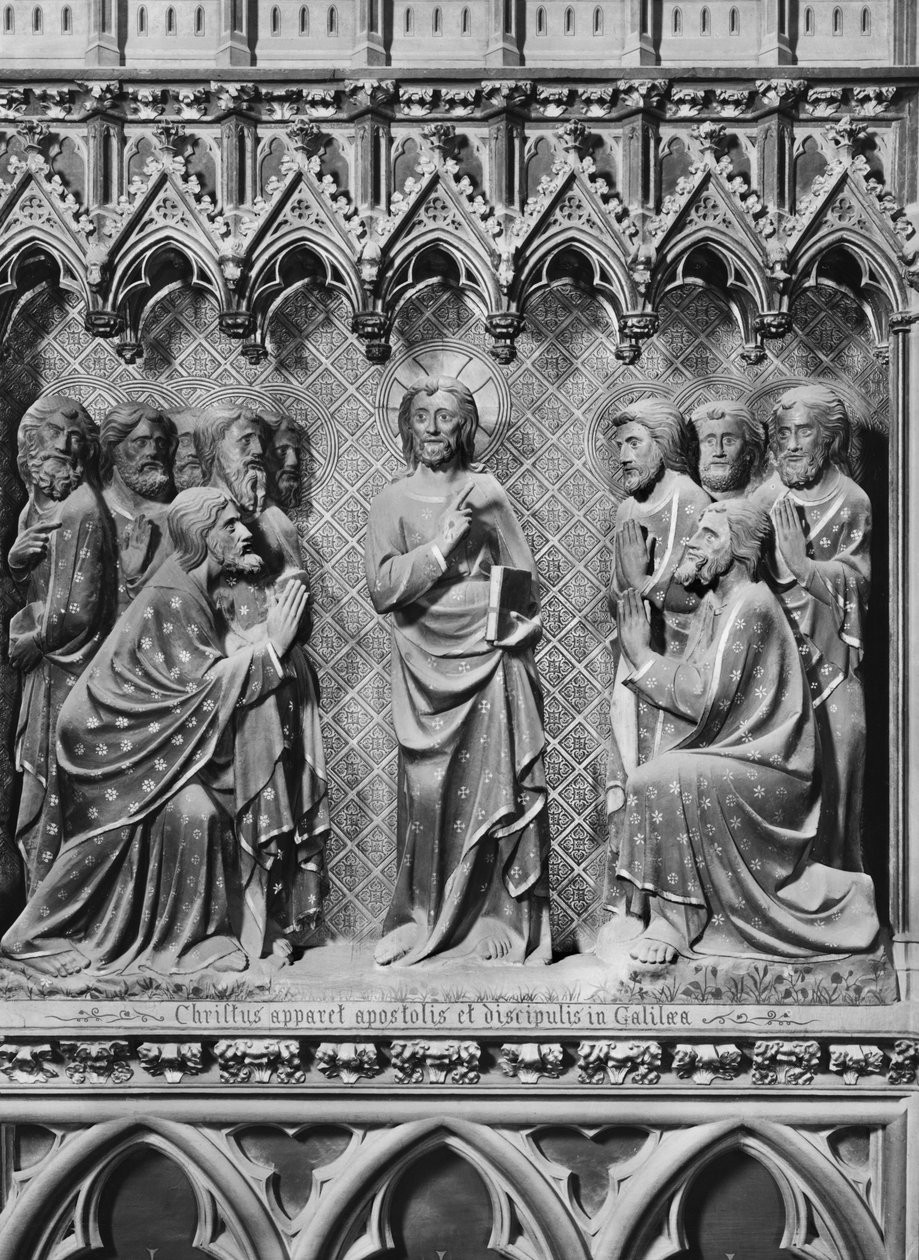Catedral, interior, tela de coro, Jesus Cristo, aparecendo aos apóstolos e discípulos na Galiléia, c.1340-51 (pedra policromada) de Jean and Jean Le Boutellier Ravy