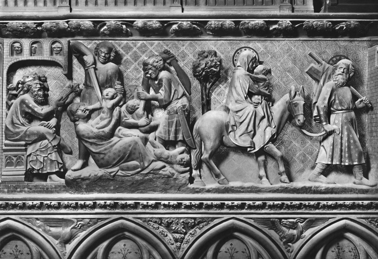 Catedral, interior, tela de coral, Massacre de Inocentes e Fuga para o Egito, c.1340-51 (pedra policromada) de Jean and Jean Le Boutellier Ravy