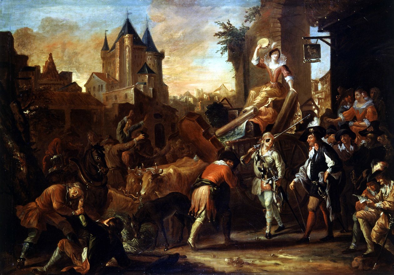 Arrivee des comediens au Mans Painting ilustrando "The Comic Roman" de Paul Scarron (1610-1660). Pintura de Jean-Baptiste (Jean Baptiste) Coulom (ou Coulon) (ca. 1695-1735) de Jean de Coulom