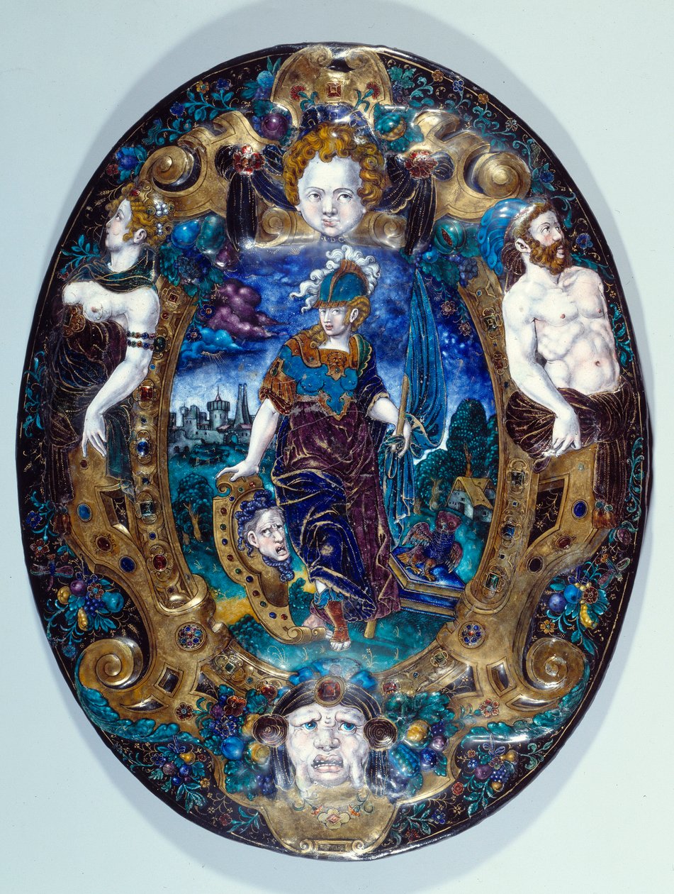 Bandeja de esmalte pintada representando Minerve sobre fundo de paisagem criada por Jean Court dit Vigier (século XVI) (pintor enamailleur em LIMOGES) Paris, Museu do Louvre de Jean de Court