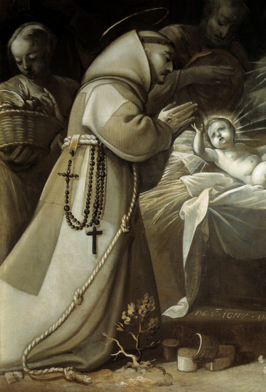 Adoração dos pastores Um monge orando diante do menino Jesus. Quadro de Jean de Saint Igny de Jean de Saint Igny