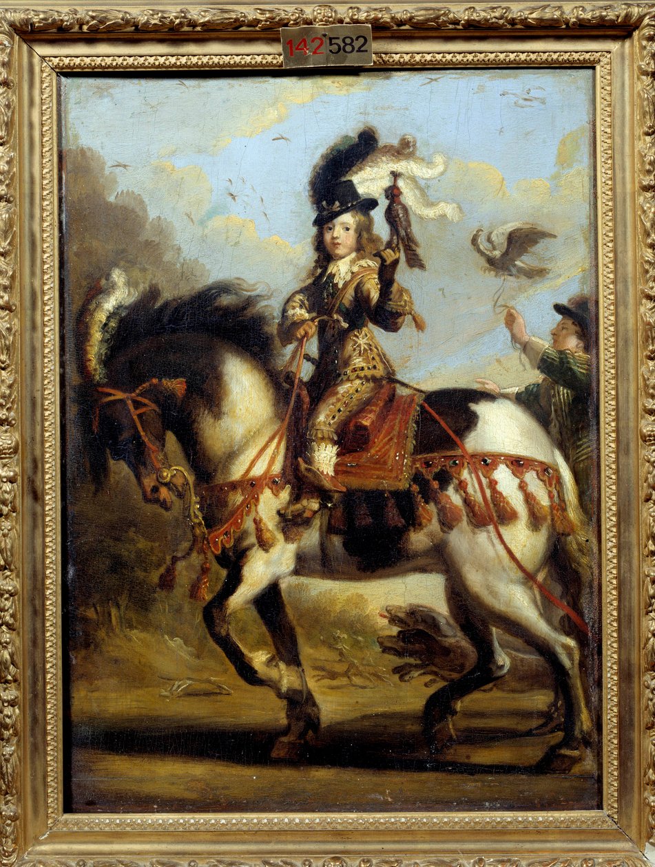Retrato equestre do jovem Luís XIV (1638 -1715) partindo para a caça. Pintura de Jean De Saint Igny (? 1647). Óleo sobre tela. Dim: 0,41 X 0,30m. Chantilly, Musee Conde de Jean de Saint Igny