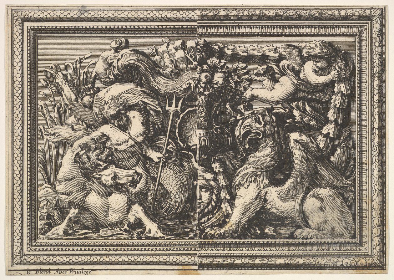 Design para um painel com duas variantes contendo um Hippocamp e um Griffin, de: Ornamentos..., 1651. de Jean le Pautre