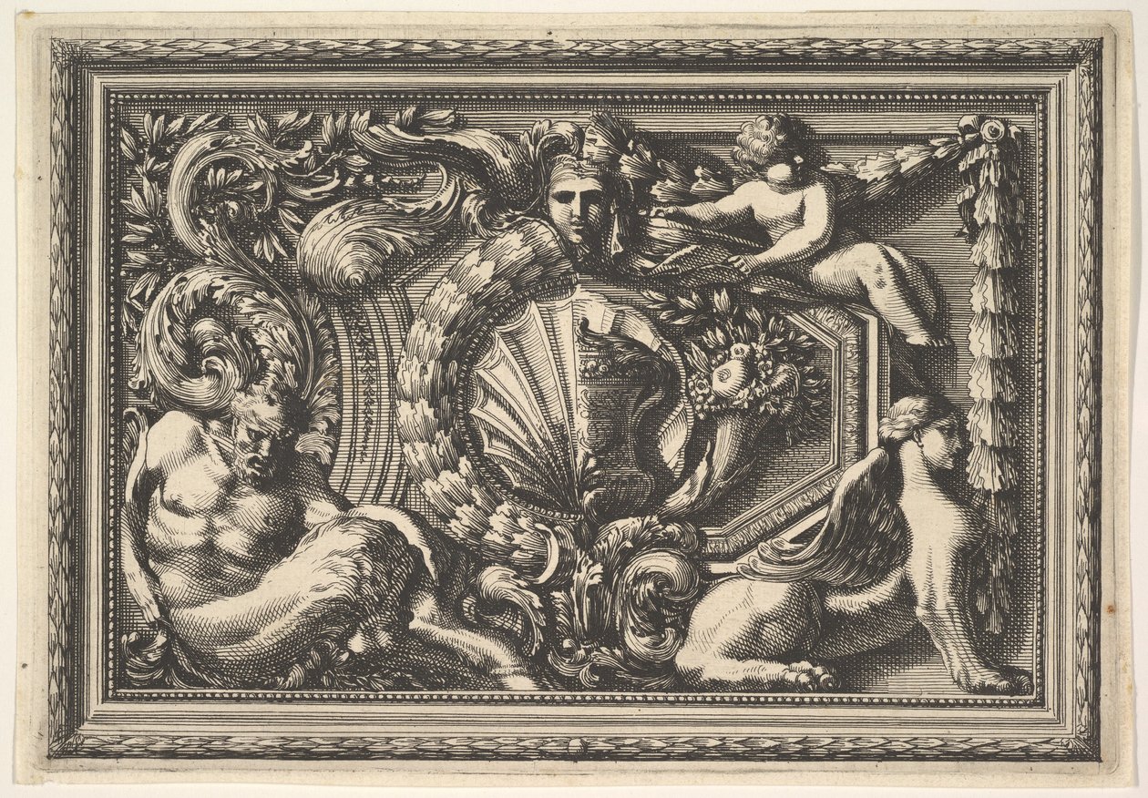 Design para um Painel com duas variantes contendo um Satyr e um Sphynx, de: Pannea..., século XVII. de Jean le Pautre