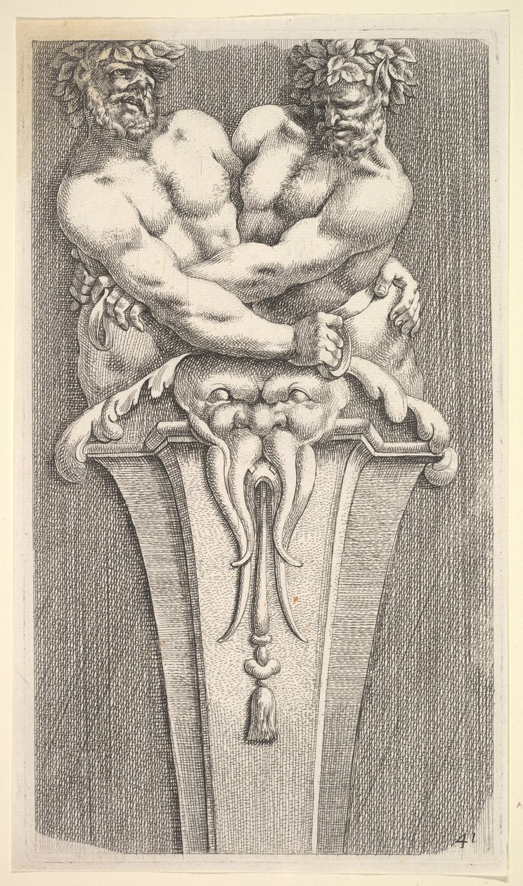 Design para um Termo com duas figuras Bacchic, de: Curieuses recherches de plusieurs beaus ..., 1645. de Jean le Pautre