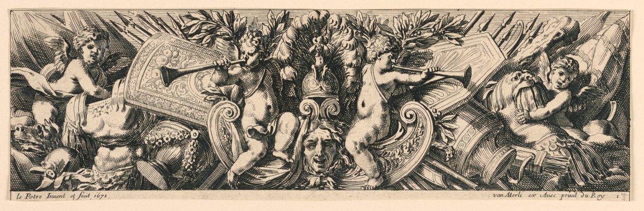 Frieze: Troféus de Armas e Putti de Jean le Pautre