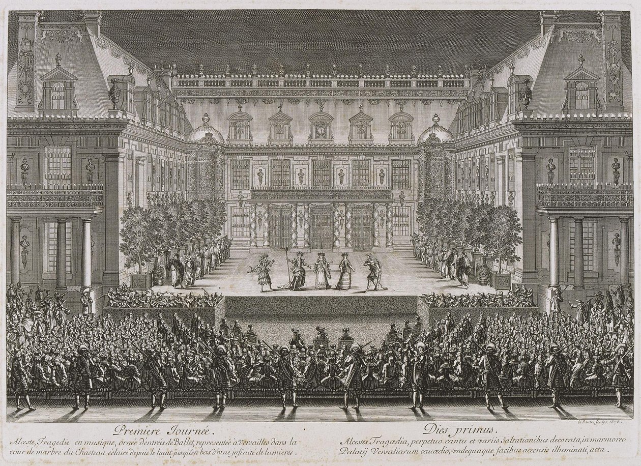Ópera Alceste de Jean-Baptiste Lully sendo apresentada no pátio de mármore do Palácio de Versail de Jean le Pautre