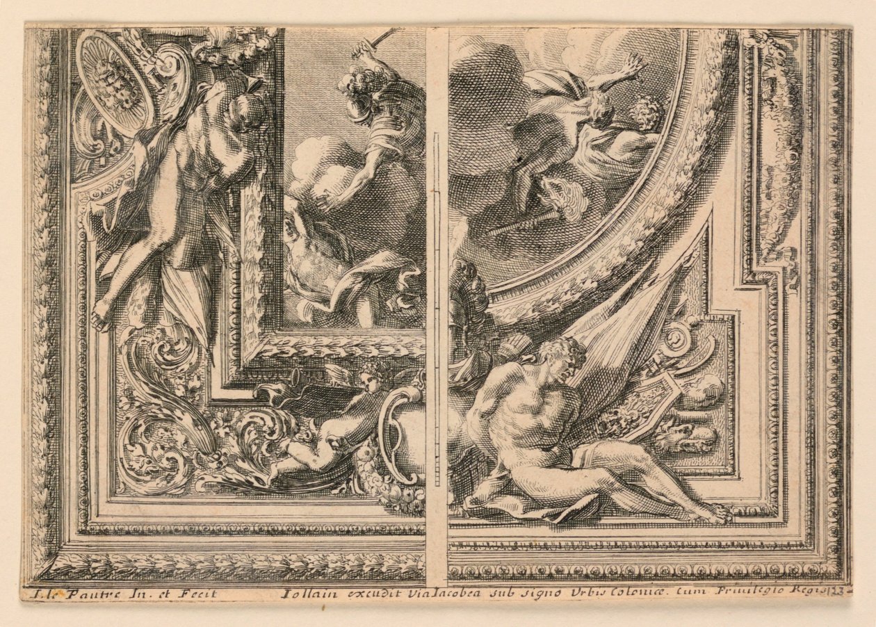 Folha com dois desenhos para decoração de teto, de "Plafons à la Romaine" de Jean le Pautre
