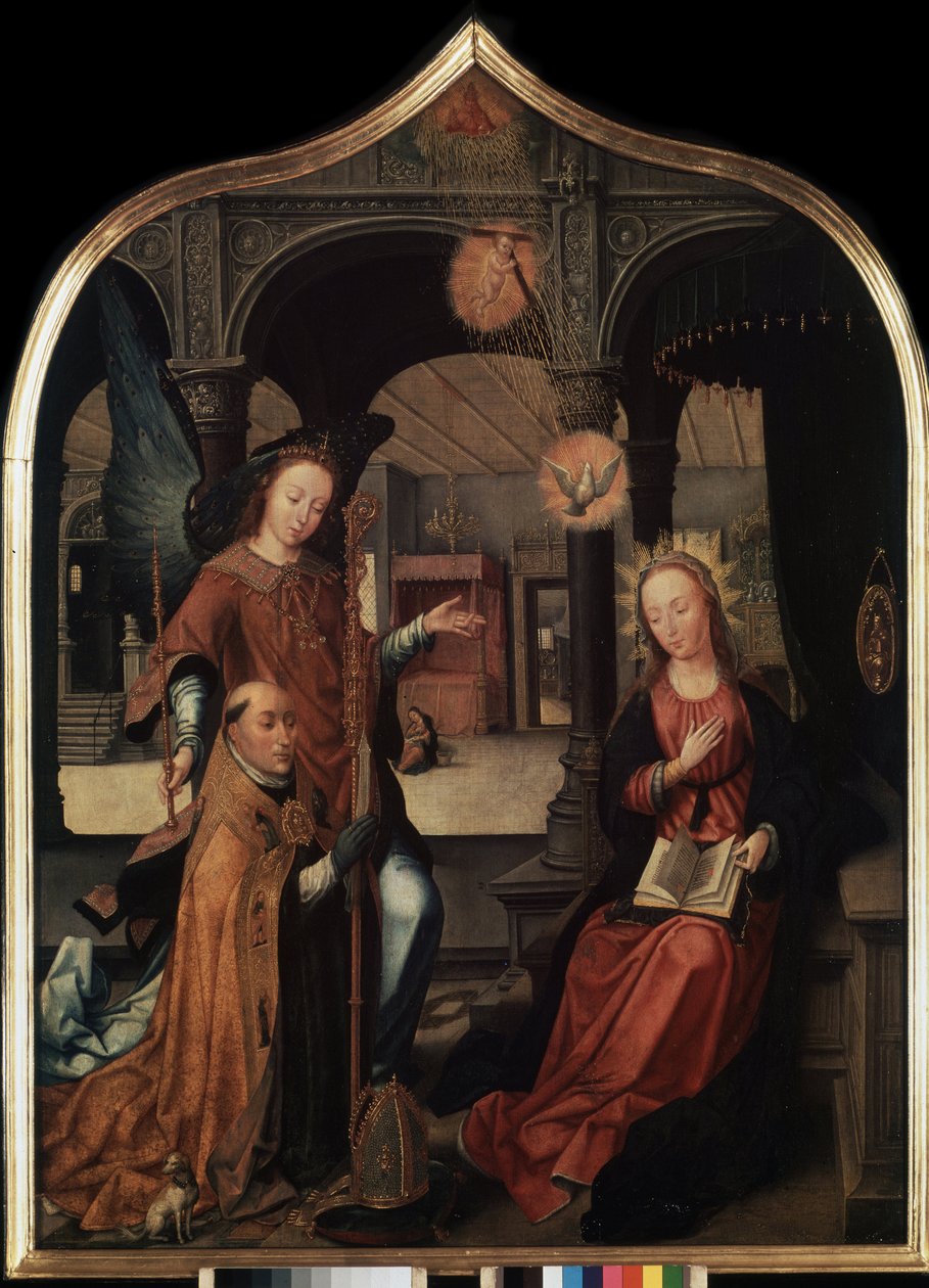 "Representação da Anunciação com o patrono São Guilherme de Bruxelas" Painel central do tryptic da Anunciação. Pintura em madeira por Jean Bellegambe o Ancião (1470-1534) São Petersburgo, Museu Hermitage de Jean the Elder Bellegambe