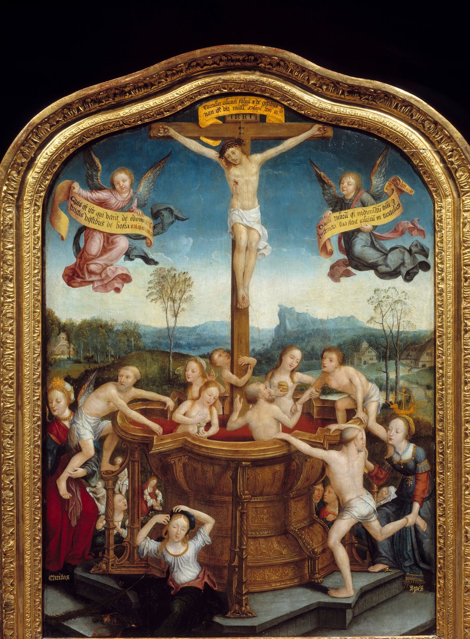 O banho místico. Aos pés da cruz na qual Cristo é crucificado, homens e mulheres banham-se numa fonte de sangue do corpo do Messias. A parte central do tríptico. Pintura sobre madeira de Jean Bellegambe, o Ancião (1470-1535) 1510-1520 Sol. 0,81x0 de Jean the Elder Bellegambe