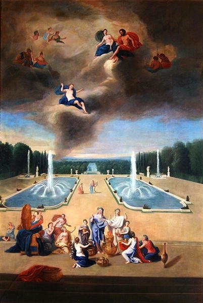 Bosques de Versalhes. Vista do parterre de água e dos armários de animais, com sacerdotisas preparando um sacrifício para Vênus de Jean the Younger Cotelle