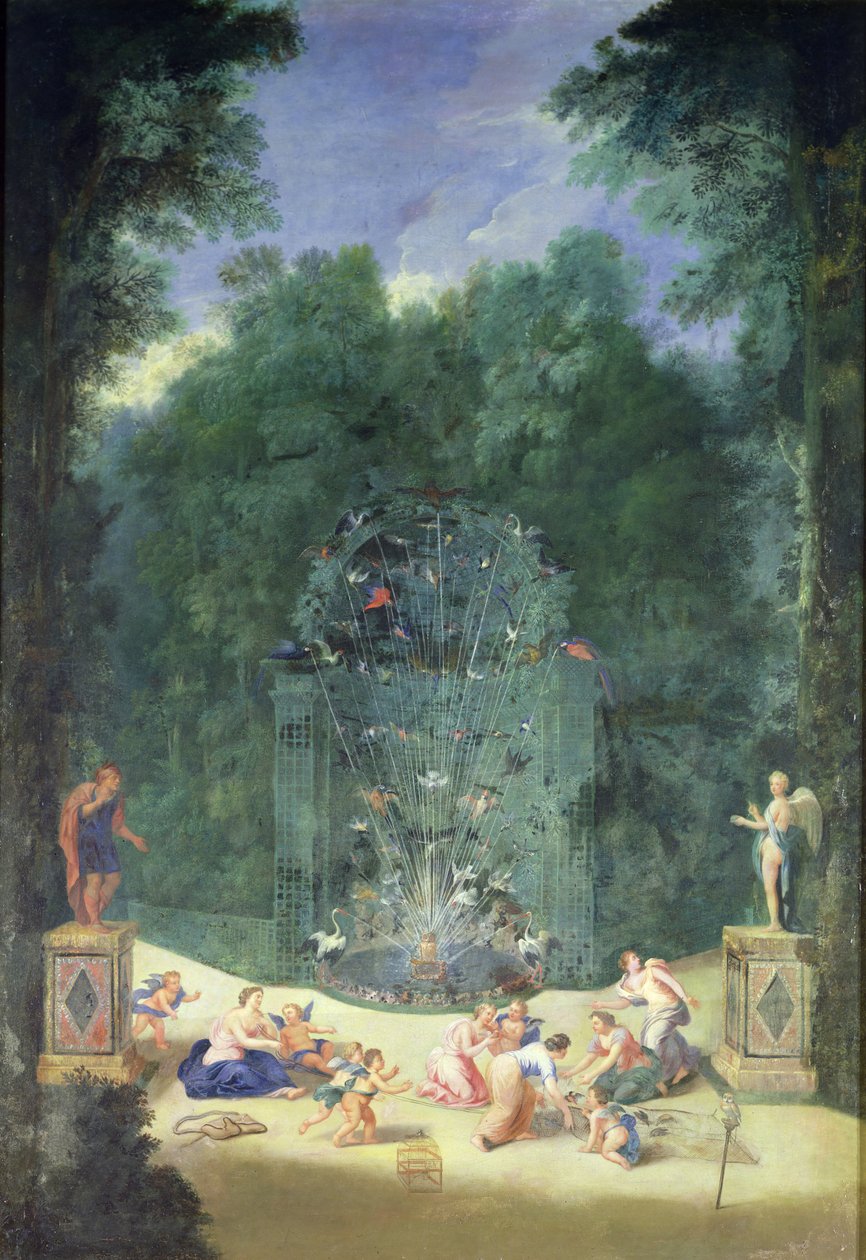 Os bosques de Versalhes: Vista da entrada do labirinto com pássaros, ninfas e querubins, 1688 de Jean the Younger Cotelle