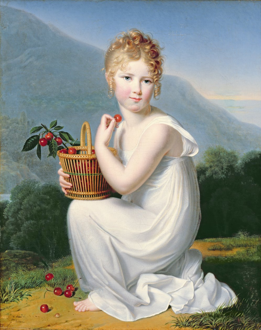 Menina jovem, comer, cerejas de Jeanne Elisabeth Chaudet
