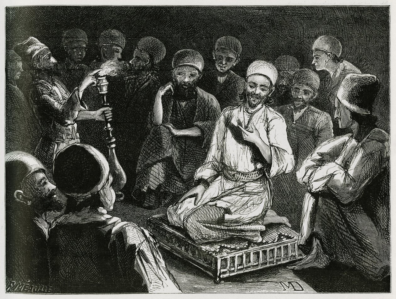 O contador de histórias persa rodeia o seu público. Gravação do autor Viajante, para ilustrar a história "Persia, Chaldee e Susiane". de Jeanne Dieulafoy