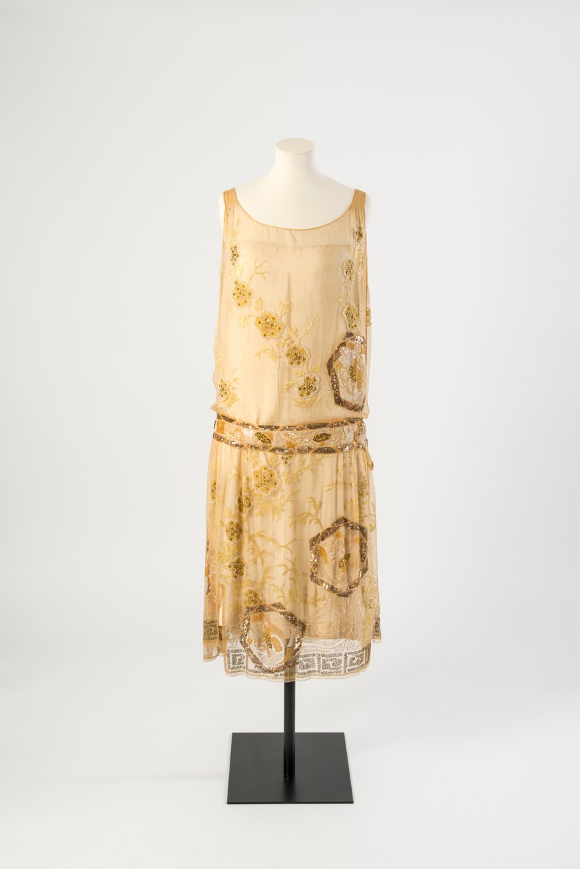 Vestido de noite bordado de chiffon de seda amarelo limão, 1927 (seda) de Jeanne Paquin
