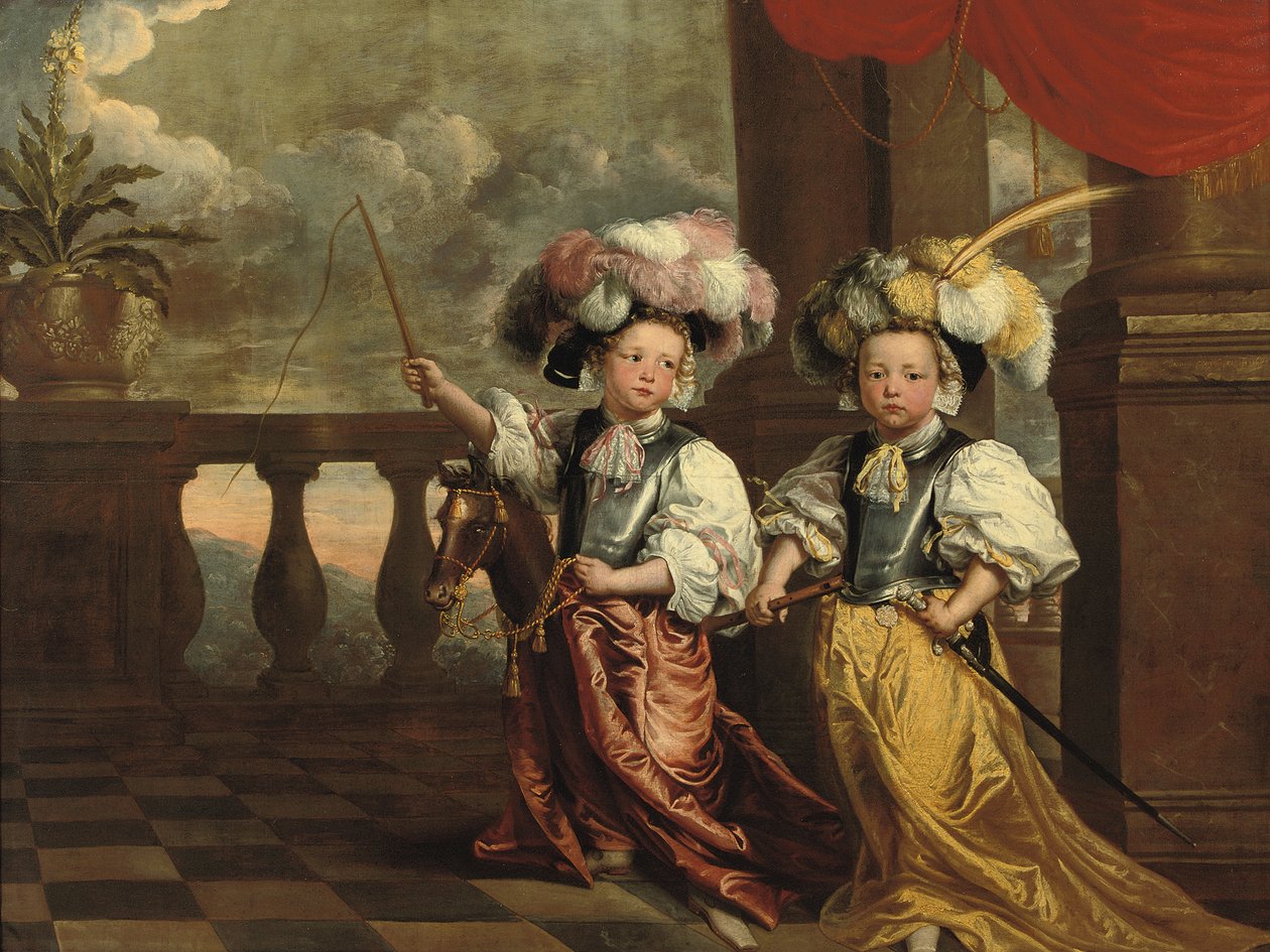 Um retrato duplo de dois meninos, de corpo inteiro, vestidos como cavaleiros, um segurando uma flauta, o outro em um cavalo-passatempo segurando um chicote, ambos em pé na varanda, 1668 de Jeanne Vergouwen
