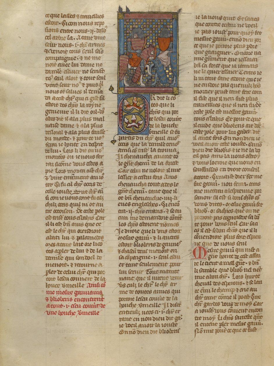 Gauvain e Blioberis encontram um cavaleiro com um escudo vermelho de Jeanne de Montbaston