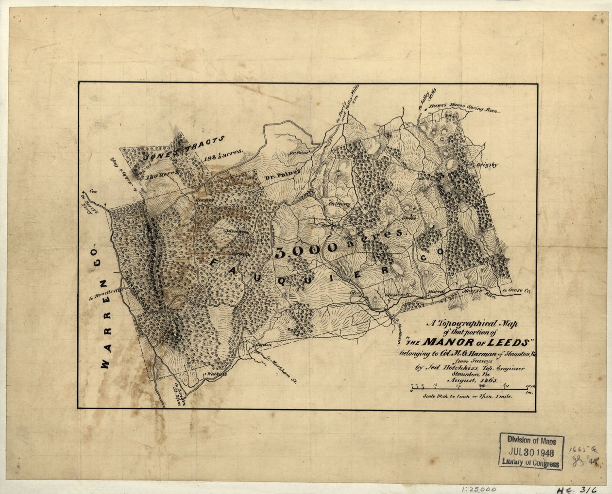 Mapa topográfico da parte de "The Manor of Leeds" pertencente ao Coronel M.G. Harman de Staunton, Va. LOC 2005625200 de Jedediah Hotchkiss