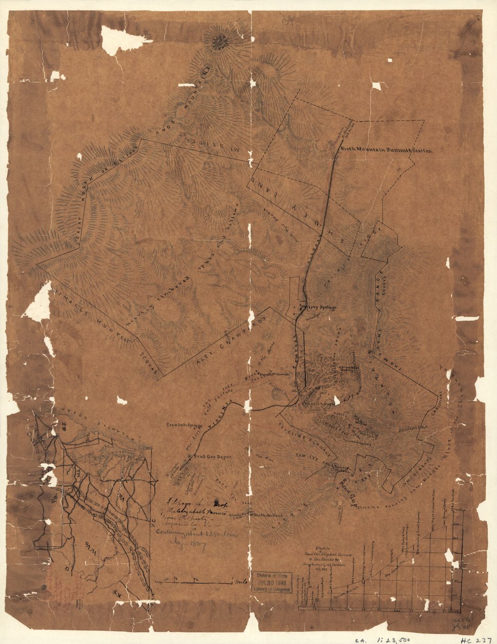 Um mapa topográfico da propriedade de ferro Elizabeth Furnace, Augusta Co., Virgínia, contendo cerca de 6250 acres, agosto de 1867. LOC 2005625144 de Jedediah Hotchkiss