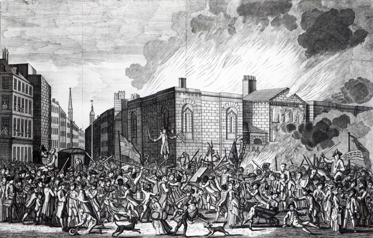Uma representação exata da queima, pilhagem e destruição de Newgate pelos desordeiros no memorável 7 de junho de 1780, gravado por Henry Roberts, 1781 de Jefferyes Hammett O
