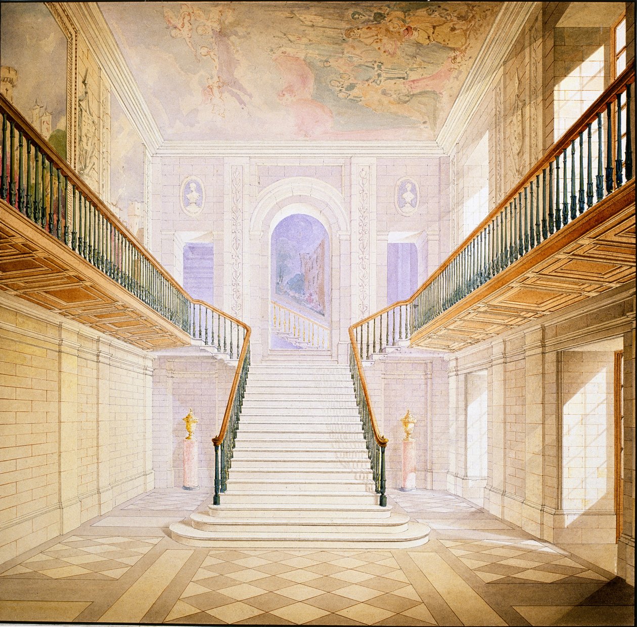 Design para uma escadaria no Painted Hall, Chatsworth (aguarela sobre papel) de Jeffry Wyatville