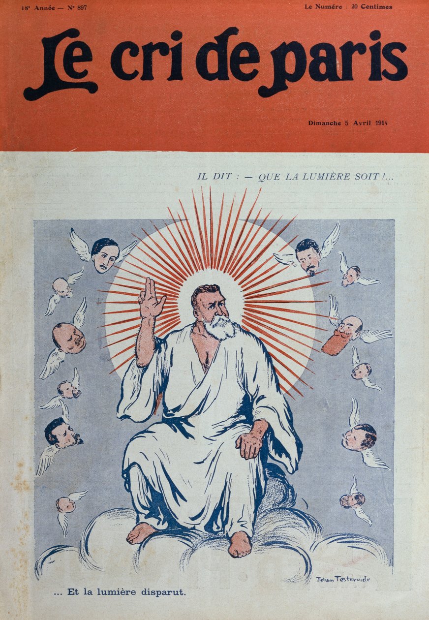 Caricatura de Jean Jaures como Deus Pai, ilustração da capa do &39;Le Cri de Paris&39;, 5 de abril de 1914 de Jehan Testevuide