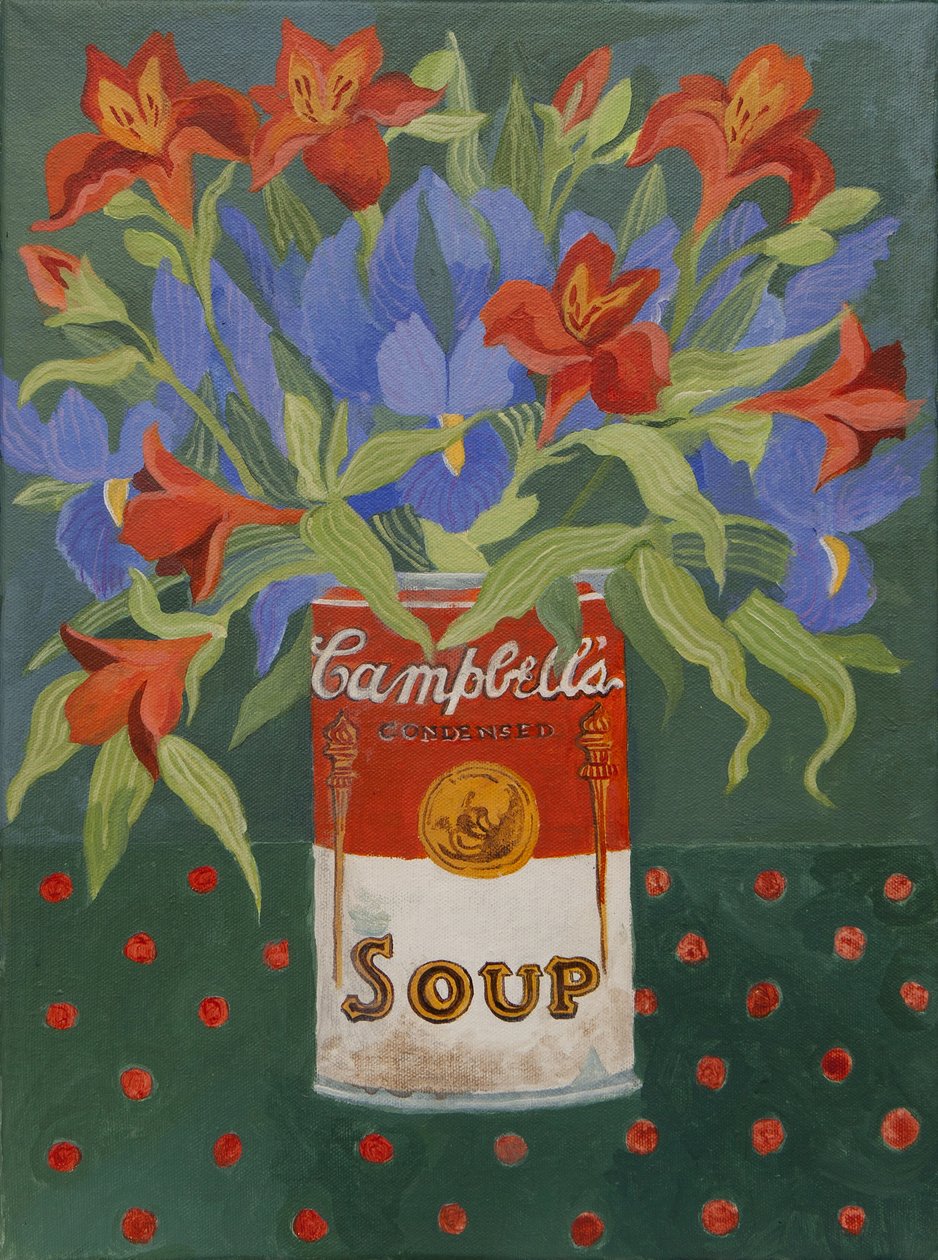 Íris e alstromeiria numa lata de sopa Campbell (acrílico) de Jennifer Abbott