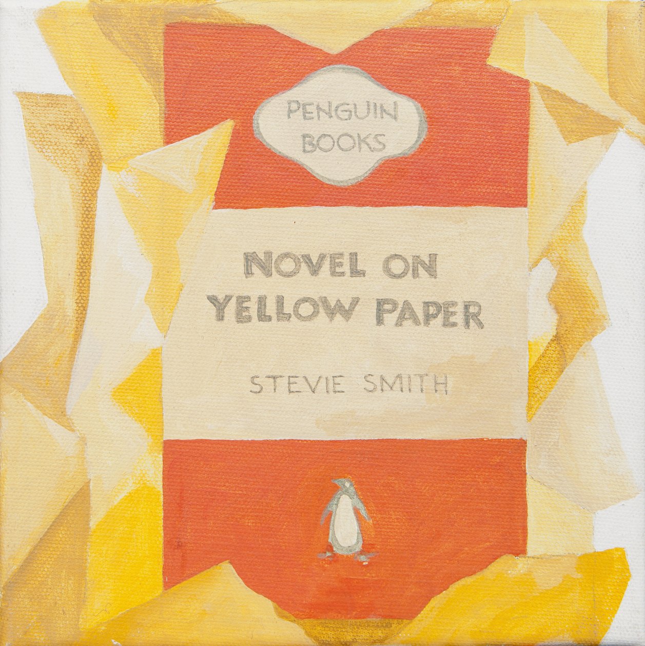 Capa de livro da Penguin. Romance sobre papel amarelo (acrílico) de Jennifer Abbott