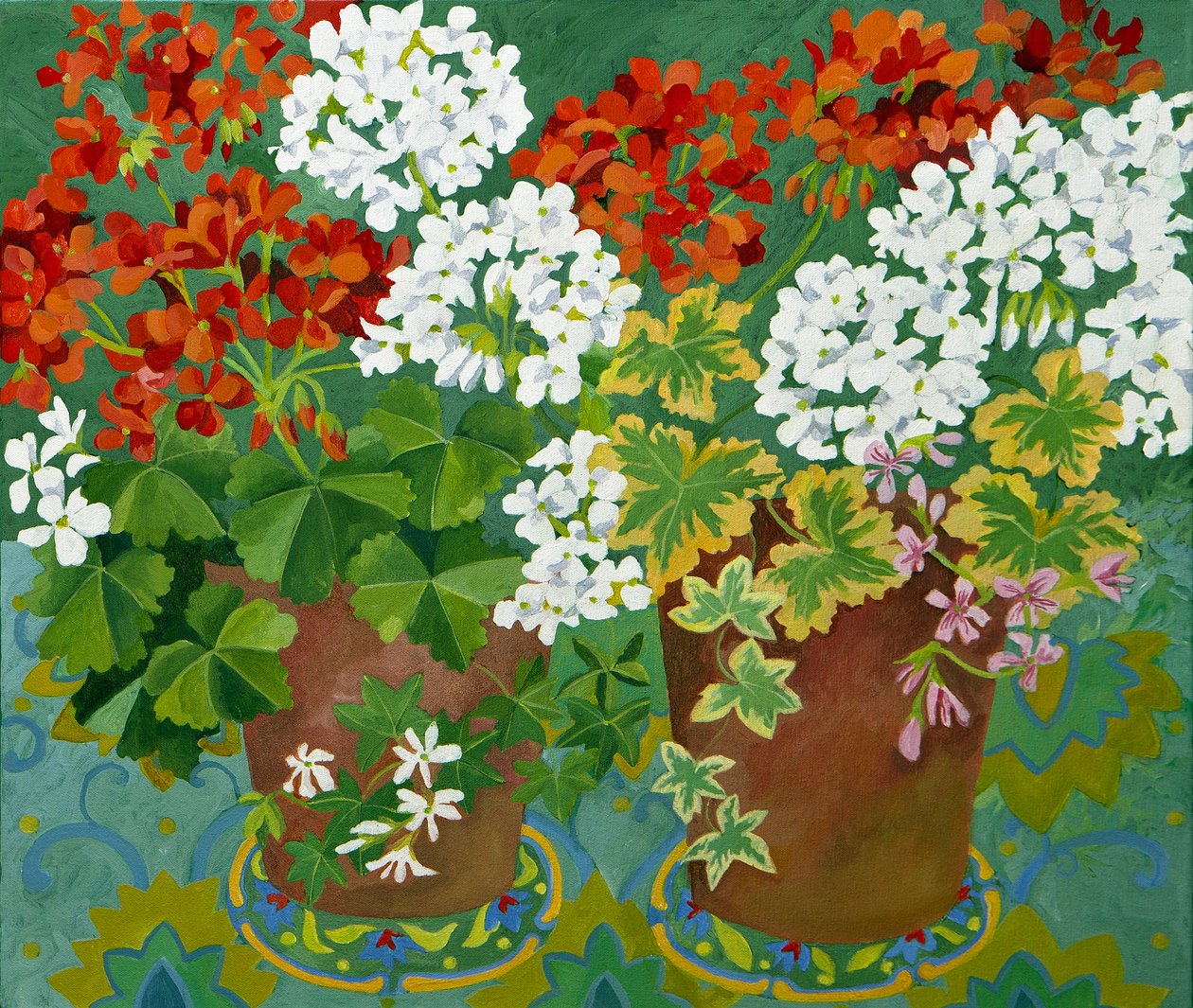 Gerânios vermelhos e brancos em vasos, 2013 (acrílico sobre tela) de Jennifer Abbott
