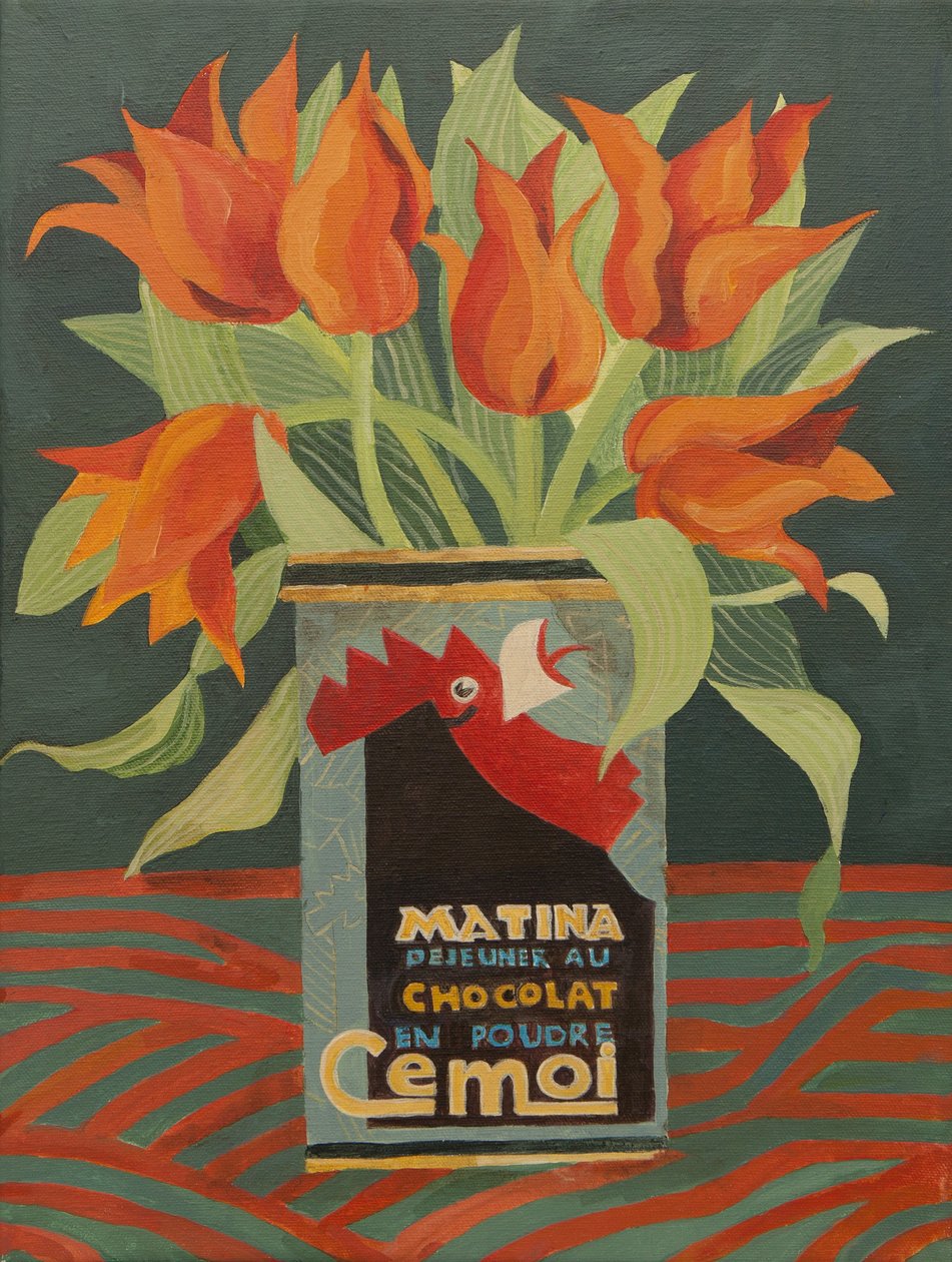 Tulipas vermelhas numa lata de café velha (acrílico) de Jennifer Abbott