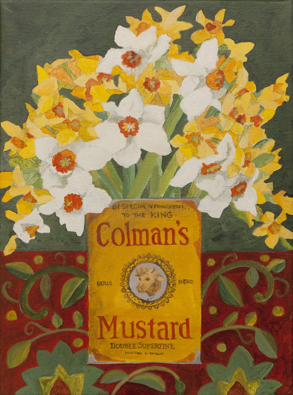 Narcisos brancos e amarelos na lata de mostarda de Colman (acrílico) de Jennifer Abbott