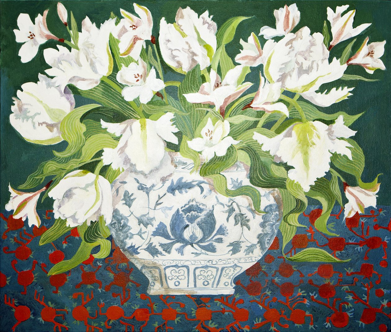Tulipas duplas brancas e alstroemerias, 2013 (acrílico sobre tela) de Jennifer Abbott