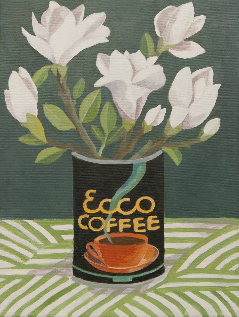 Magnólia branca numa lata de café velha (acrílico) de Jennifer Abbott
