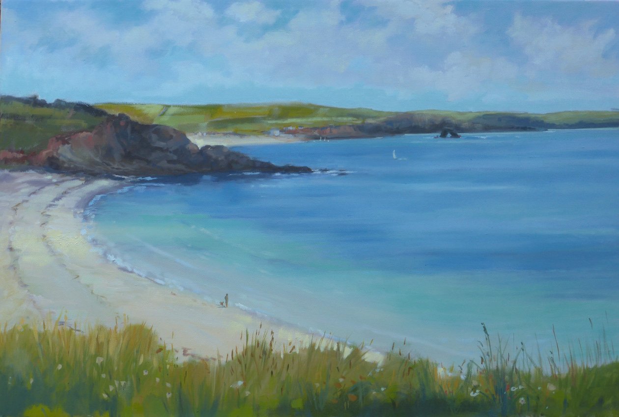 Praia de Thurlestone, dia de verão calmo, 2016, óleo. de Jennifer Wright