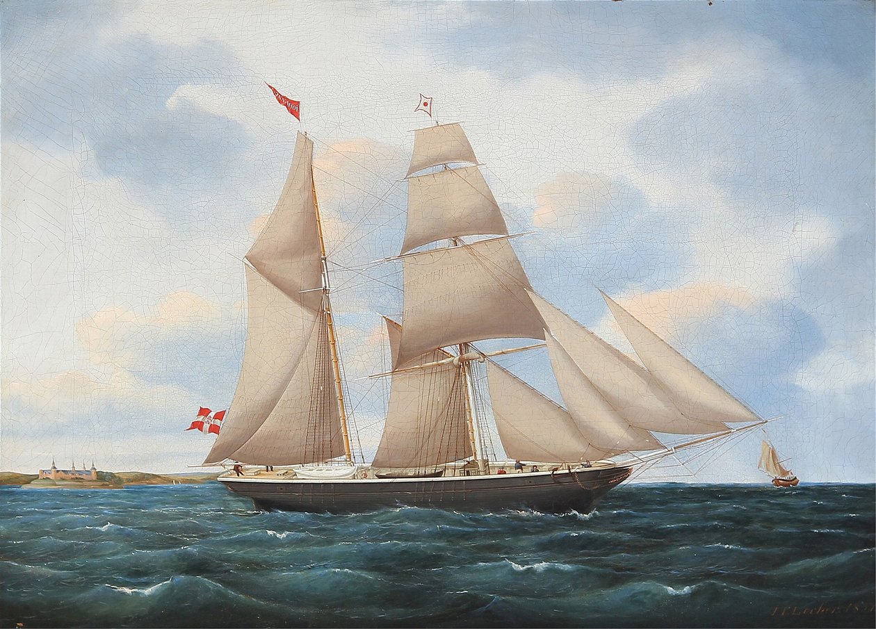 Seascape com um veleiro Johanne com Kronborg no fundo de Jens Thielsen Locher