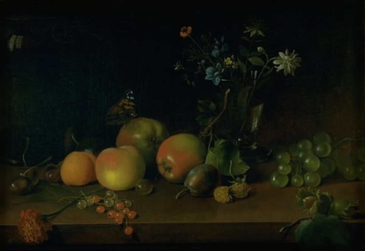 Flores e frutas em uma mesa de Jens Juel