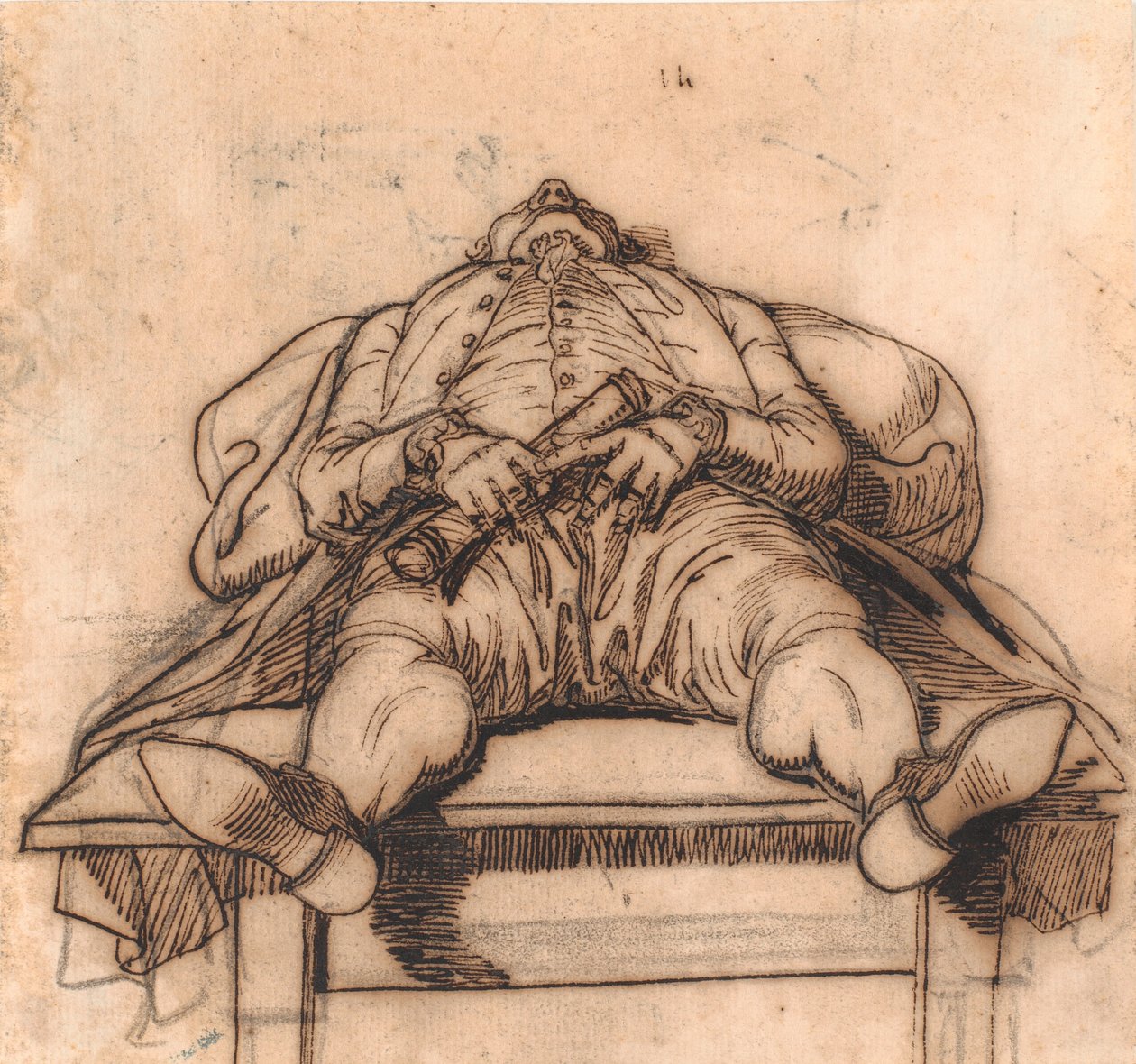 O ferreiro F.L.Bradt dormindo em uma mesa. Visto dos sapatos e em forte escorço de Jens Juel
