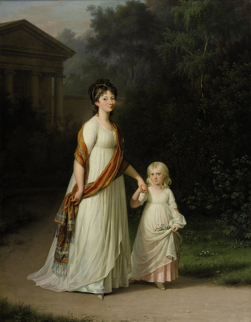 A princesa herdeira Marie Sophie Frederikke e a sua filha, a princesa Caroline, passeiam num parque romântico de Jens Juel
