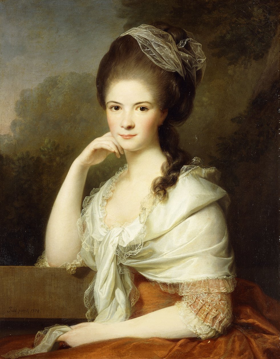 Retrato de uma senhora, sentada a meio comprimento, vestindo um vestido marrom e um xale branco, 1778 de Jens Juel