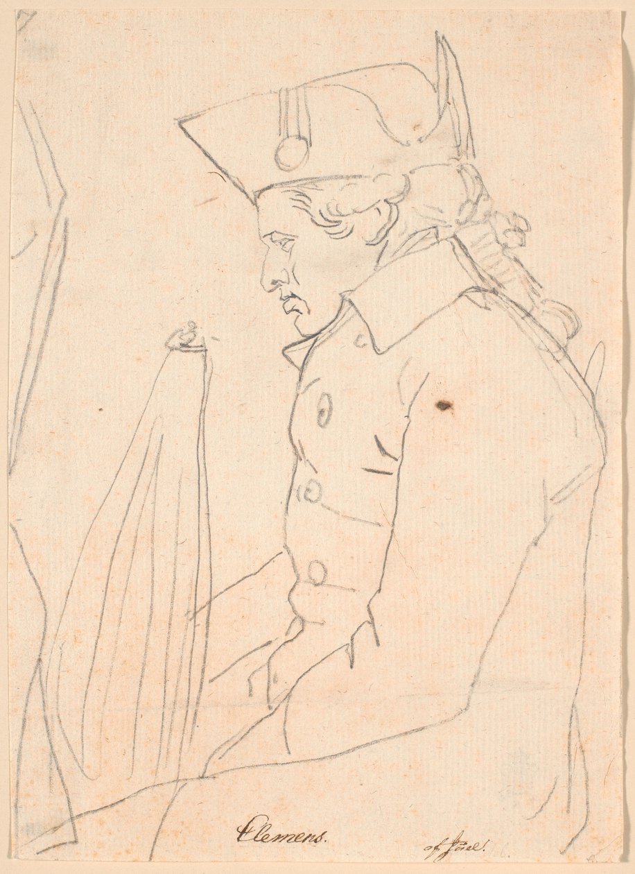 Retrato do gravador J.F. Clemens. Figura de três quartos sentado de perfil para a esquerda de Jens Juel
