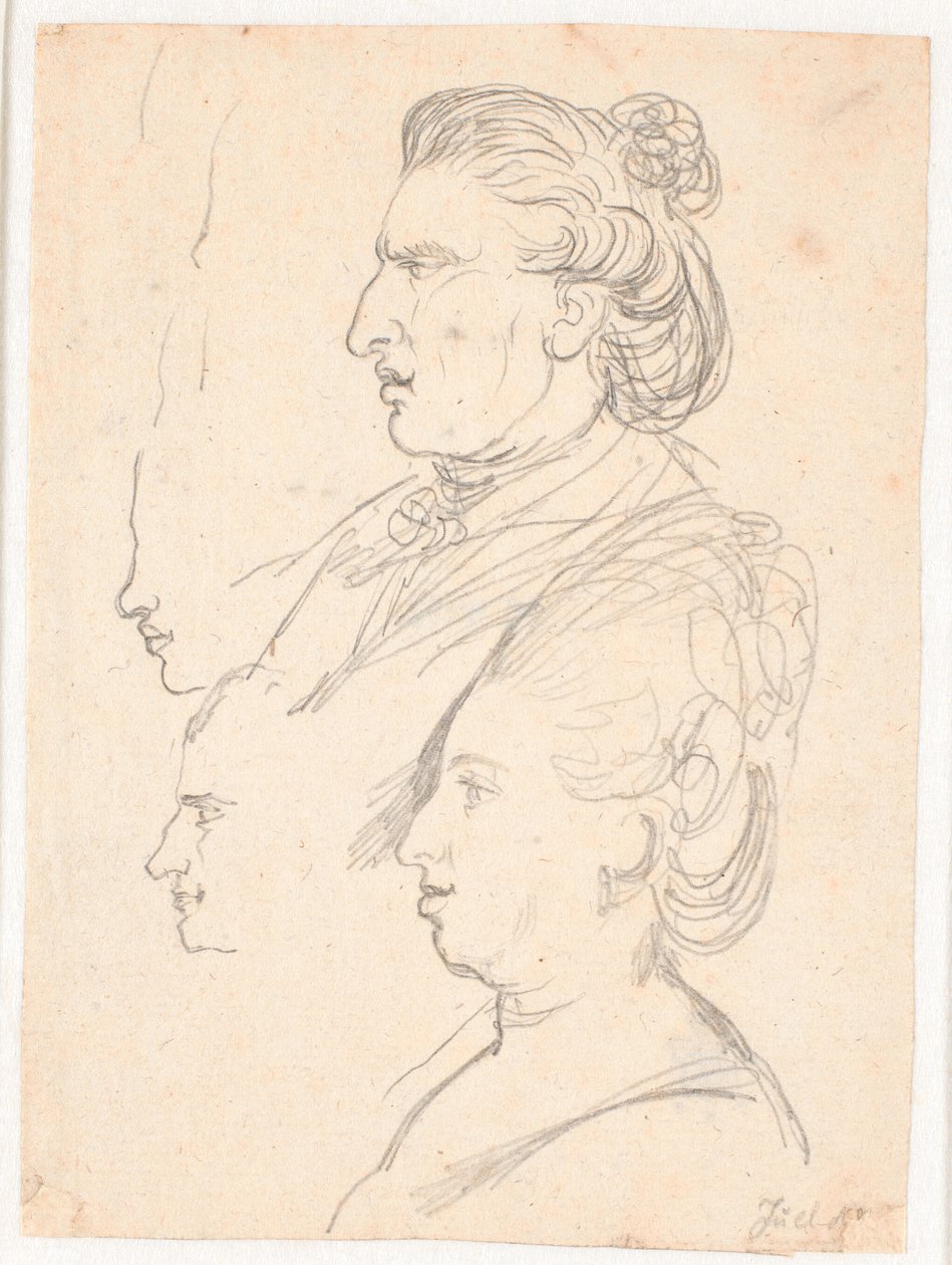 Retratos de perfil da rainha Caroline Mathilde, J.F. Struensee e Enevold Brandt, bem como um rascunho, possivelmente do próprio Juel. Todos de perfil à esquerda de Jens Juel
