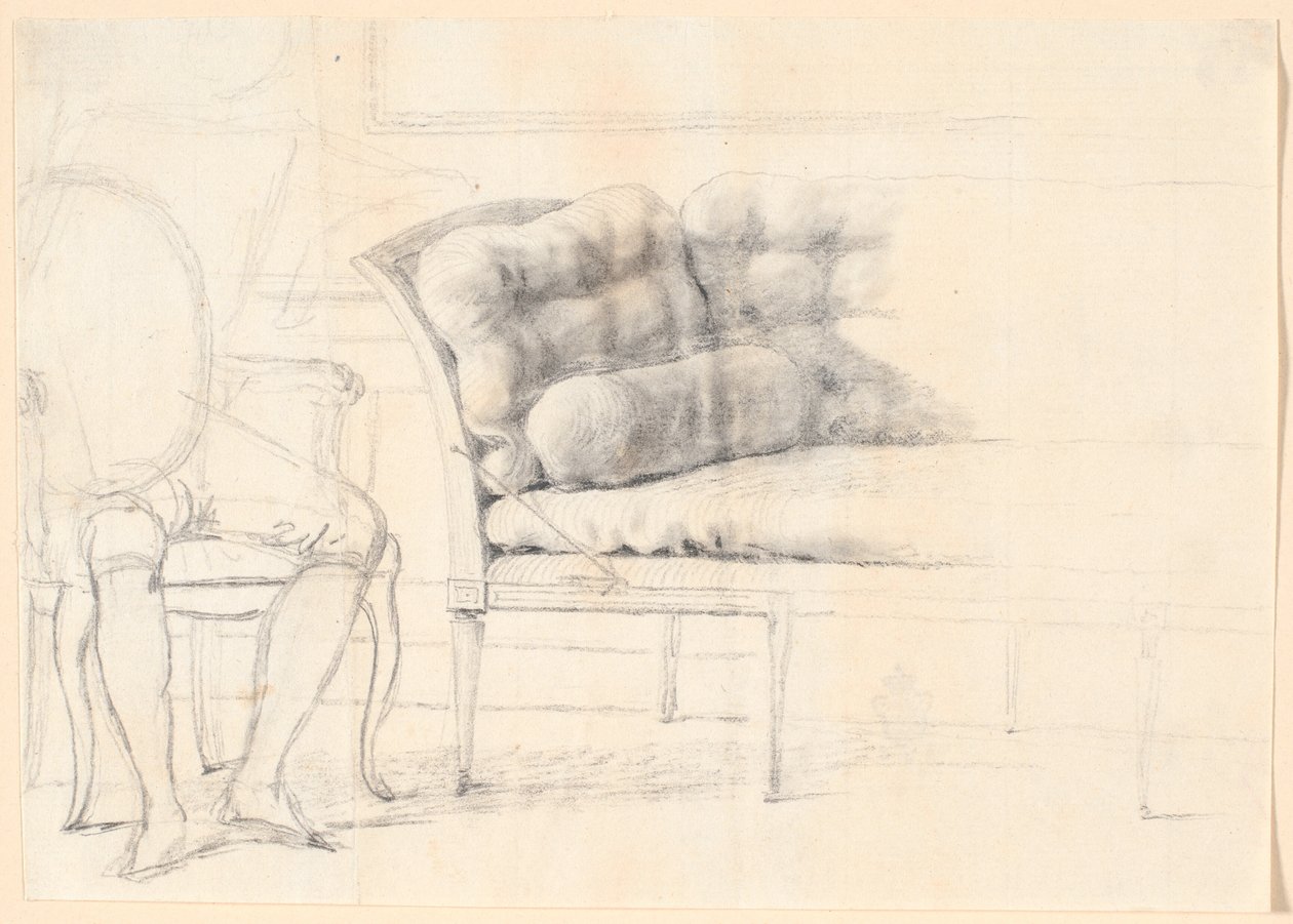 Estudo para o retrato da família Holmskiold de 1787: o sofá estofado e à esquerda uma cadeira com a figura de Holmskiold delineada de Jens Juel