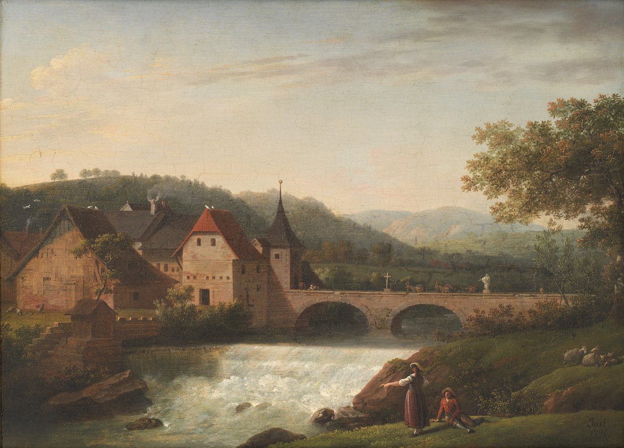 A ponte e a cachoeira em Dornach, Suíça de Jens Juel