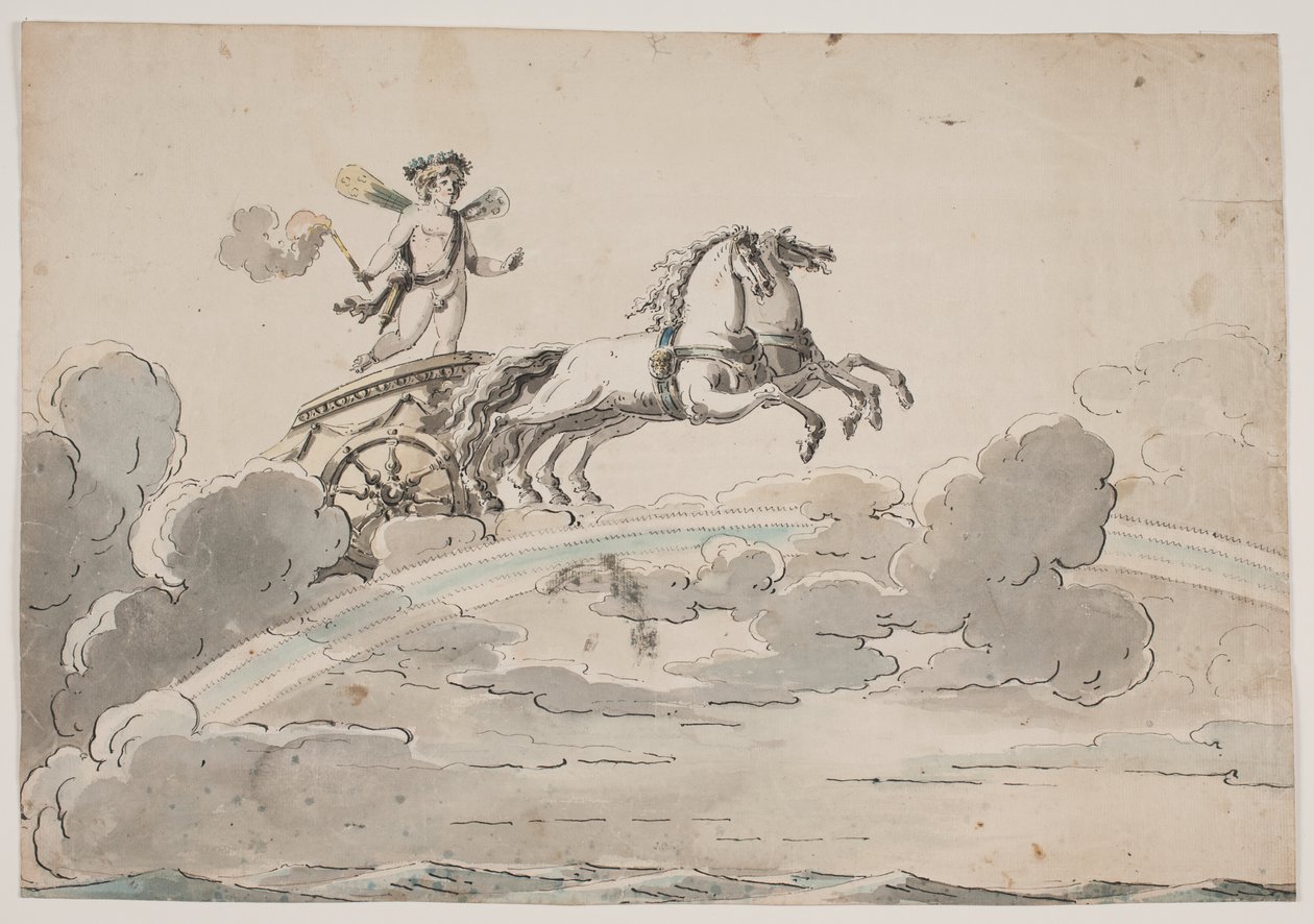Cupido (Eros) andando em uma carruagem no arco-íris de Jens Petersen Lund