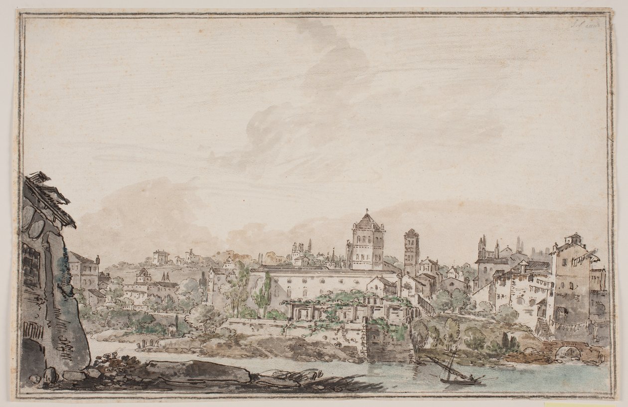 Perspectiva de vila com casas e igreja junto ao rio. Roma antiga de Jens Petersen Lund