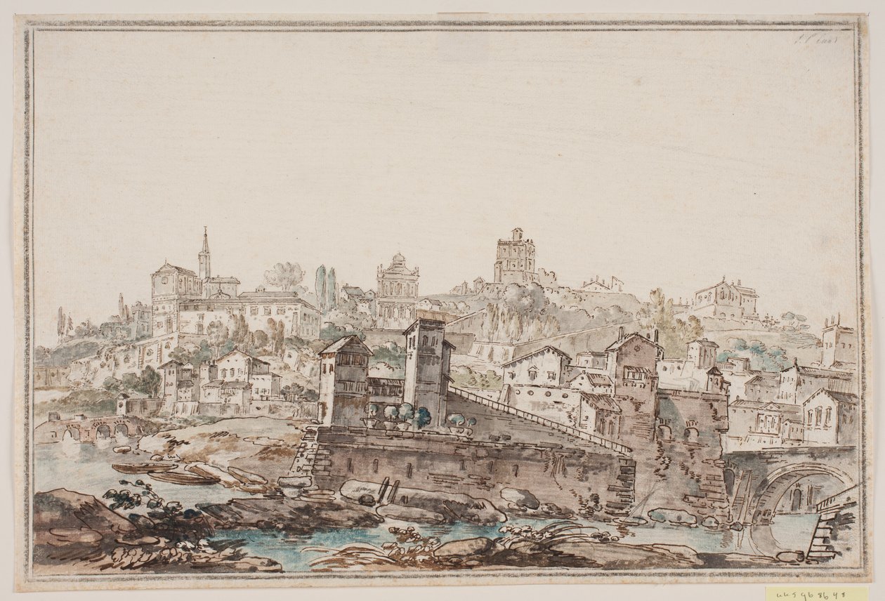 Perspectiva de vila com casas e igreja junto ao rio. Roma antiga de Jens Petersen Lund