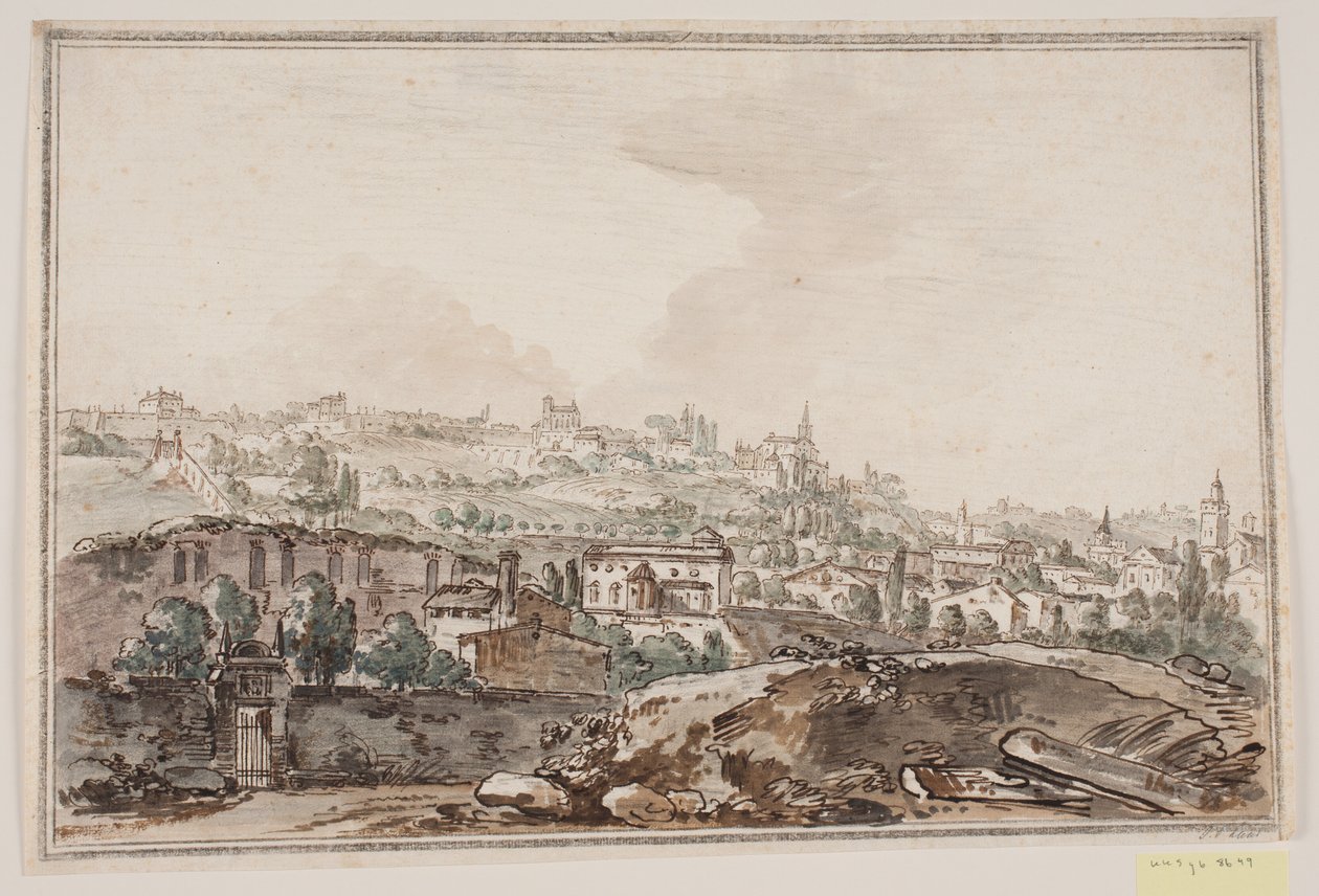 Perspectiva da cidade com casas e muro junto ao rio; ao fundo igrejas e palácios de Jens Petersen Lund