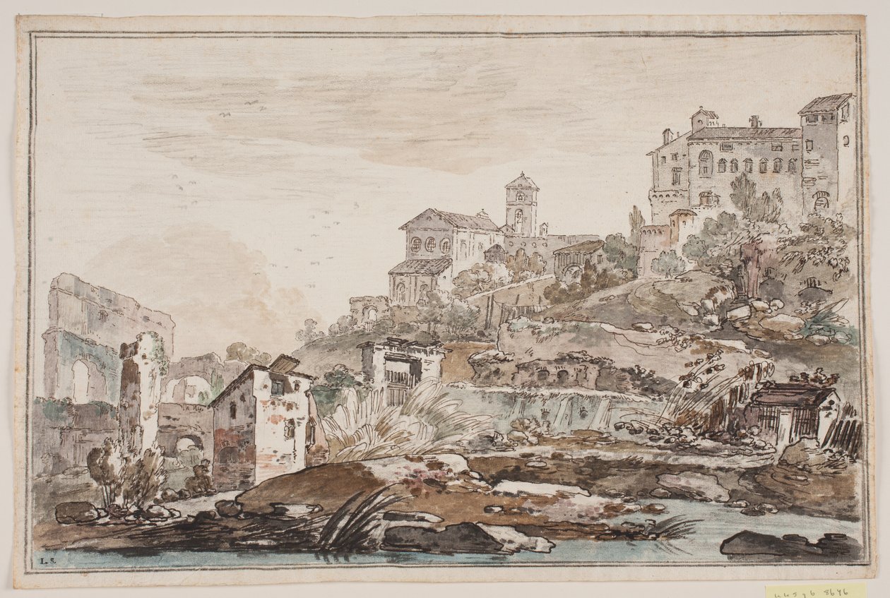 Perspectiva da cidade com ruínas e igreja e palácio elevados de Jens Petersen Lund