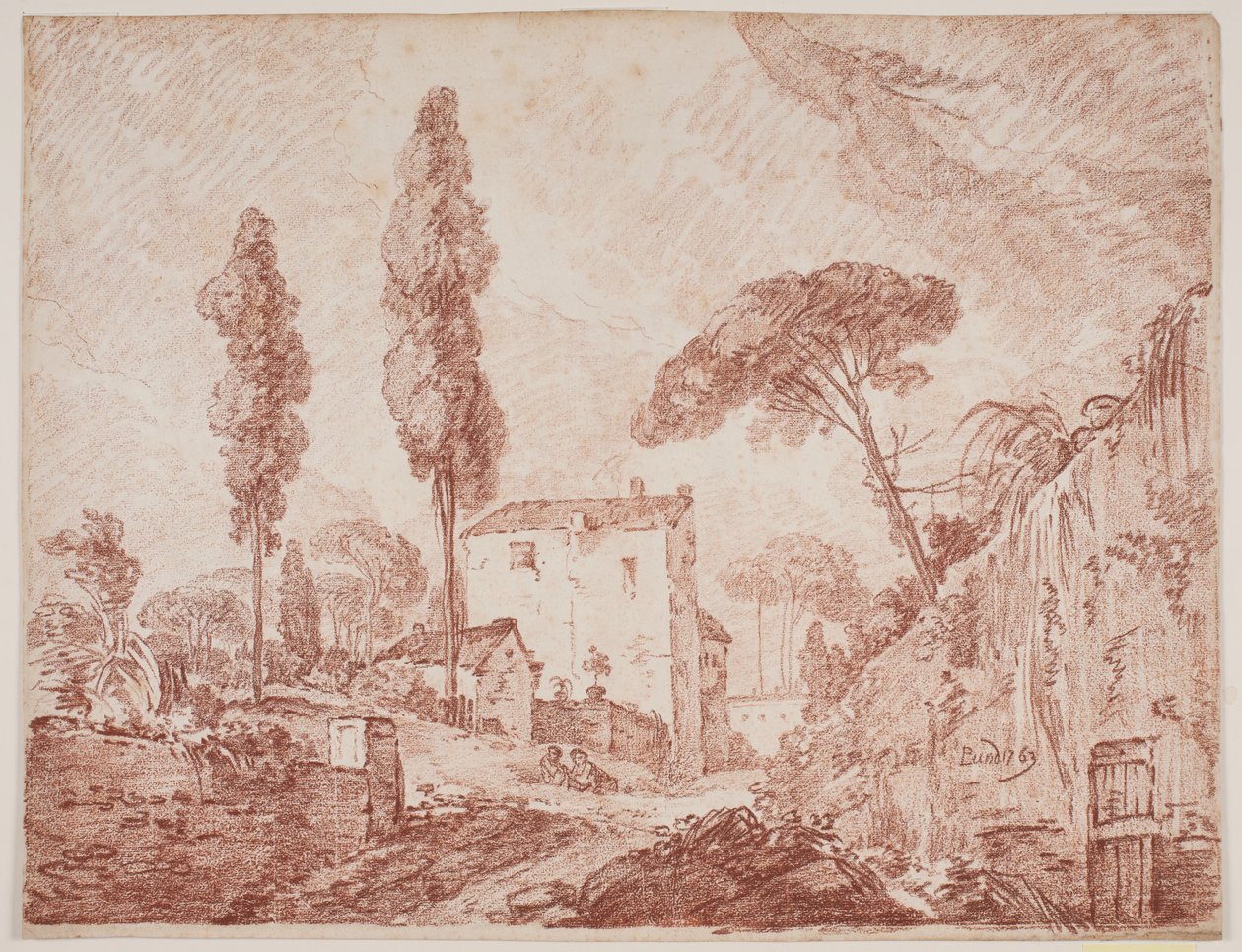 Paisagem de fantasia italiana com árvores e casas de Jens Petersen Lund