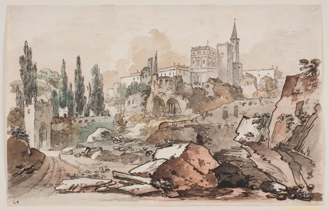 Perspectiva com palácio cercado por árvores e rochas de Jens Petersen Lund